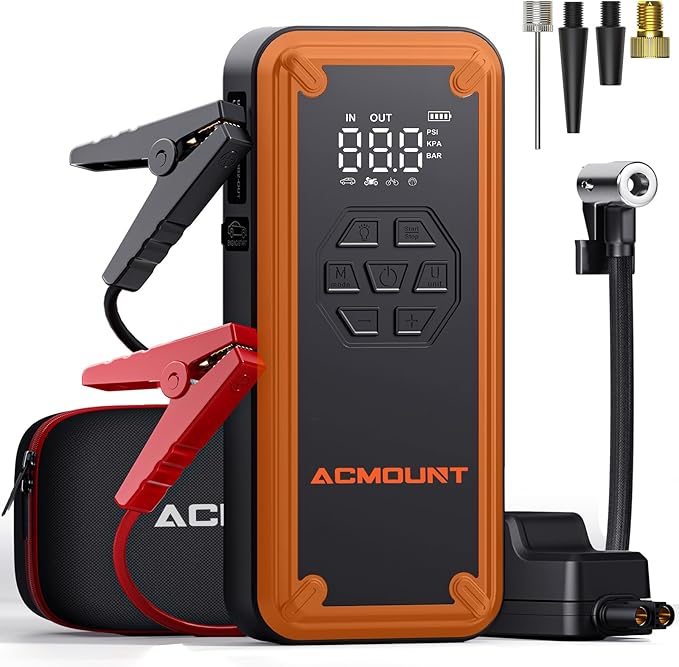 Jump Starter with Air Compressor, Acmount 5000A Car Battery Jump Starter with 150PSI Tire Inflator for Up to 9.0 Gas/8.0L Diesel, 12V Portable Jump Starter Box with LCD Display, Light (Orange)