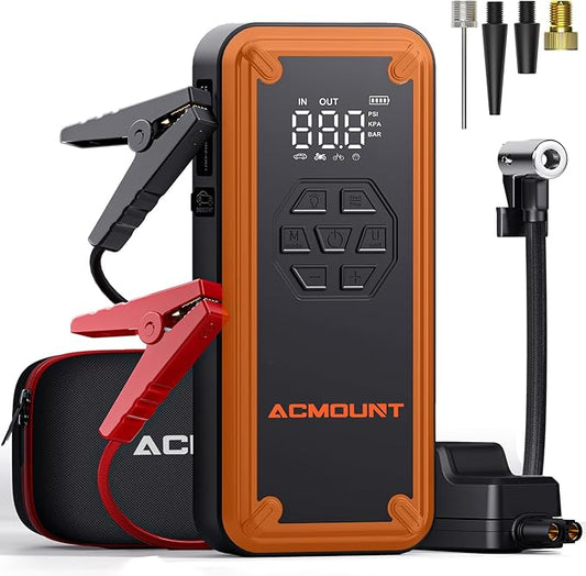 Jump Starter with Air Compressor, Acmount 5000A Car Battery Jump Starter with 150PSI Tire Inflator for Up to 9.0 Gas/8.0L Diesel, 12V Portable Jump Starter Box with LCD Display, Light (Orange)