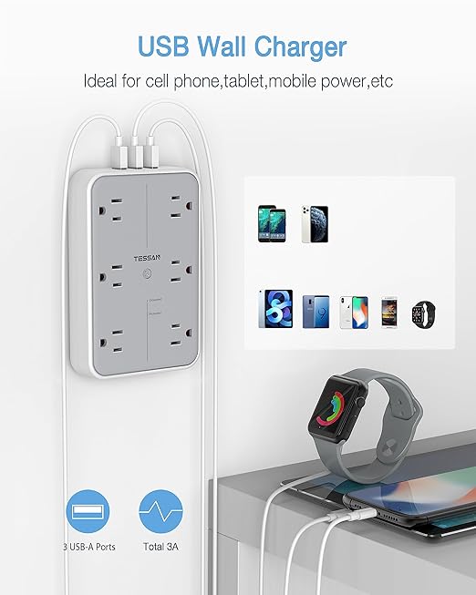 USB Wall Charger, Multi Outlet Extender Surge Protector, TESSAN 6 Electrical Outlets Expander with 3 USB Charging Ports, 1080 Joules Multiple Plug Splitter for Bathroom Dorm Room Office