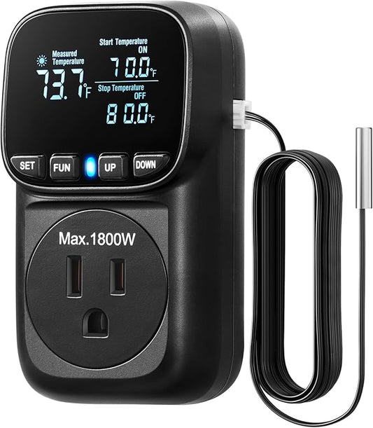DEWENWILS Digital Temperature Controller, Heavy Duty 15A/1800W Thermostat Outlet Plug, VA Display Heating Cooling Control Timer, -40℉~210℉, Cyclic Timing/Countdown, for Greenhouse Incubator, Black
