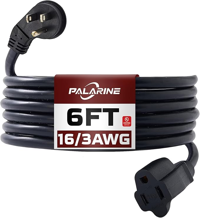 Indoor Flat Plug Black Extension Cord 6ft, UL Listed, 16/3 SJTW 3 Prong Heavy Duty, 16 Gauge 13A Power Cord for Lights, Appliance, Home, Office