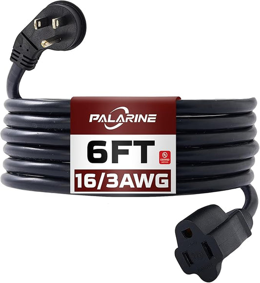 Indoor Flat Plug Black Extension Cord 6ft, UL Listed, 16/3 SJTW 3 Prong Heavy Duty, 16 Gauge 13A Power Cord for Lights, Appliance, Home, Office