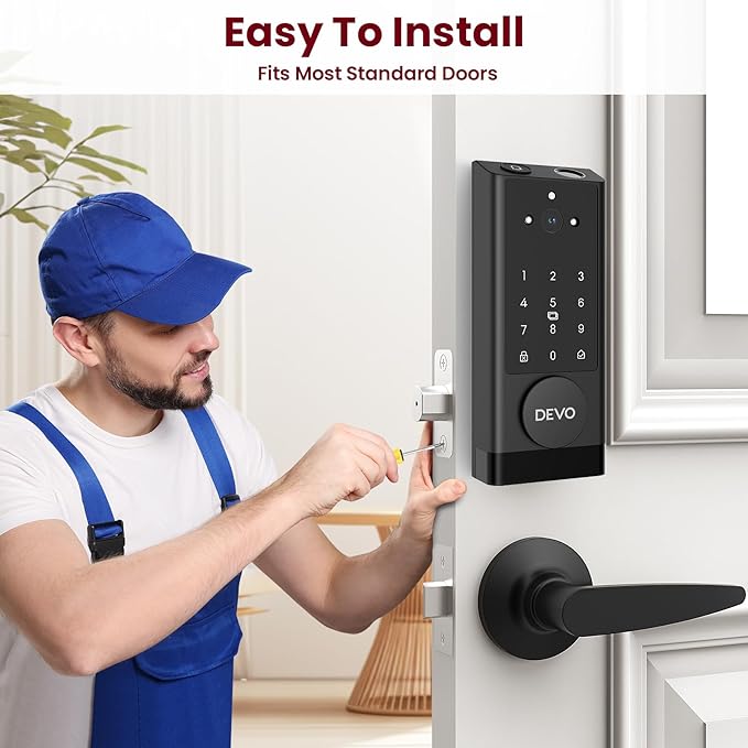 DEVO G1 Smart Lock with Handle Set, 6-in-1 Keyless Entry Door Lock, Video Smart Deadbolt with Fingerprint, Built-in Wi-Fi, App Remote, Auto Lock, IP65 Waterproof Front Door Lock, Easy Install