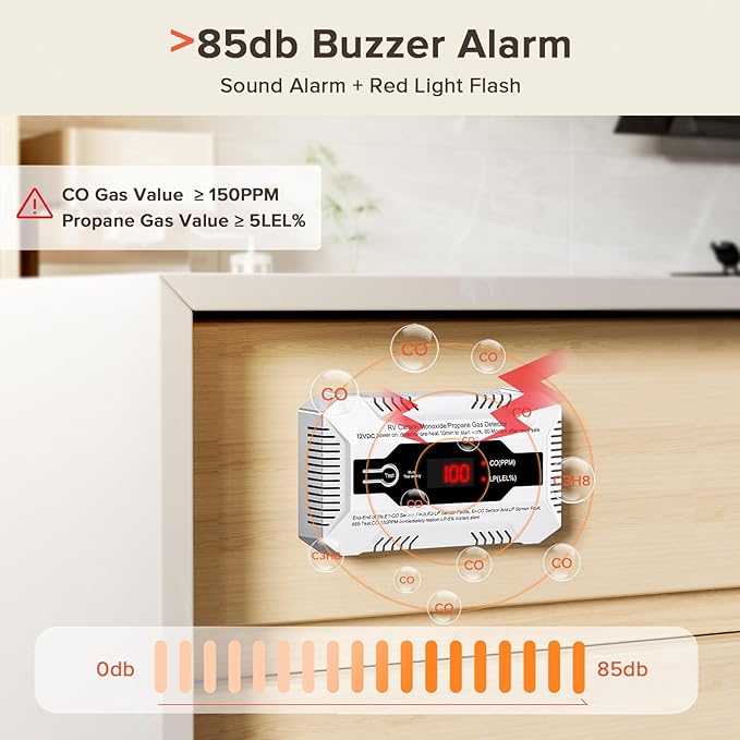 Nuleto RV Carbon Monoxide & Propane Gas Detector, 2 in 1 Dual CO/LP Gas Alarm with Separate LED Indicator Light, DC 12V with Bracket for Motorhome Travel Trailer, Motor Coach, Truck Camper, White