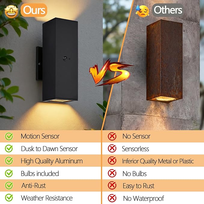 wowlite Motion Sensor Outdoor Wall Lights, Dusk to Dawn Outdoor Lighting with E26 Bulbs Included, 3 Lighting Modes Black Exterior Lighting Fixtures, Aluminum Outside Lights for House Porch Yard 2 Pack
