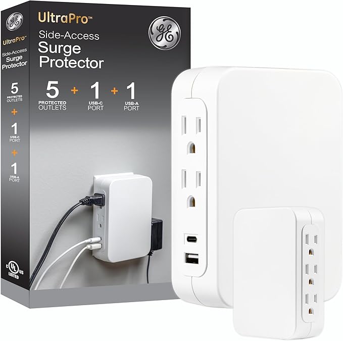 GE USB C 5 Outlet Extender, Side-Access, Wall Tap Surge Protector, Multi-Plug, USB A, 3-Prong, Secure Install, White, 83503