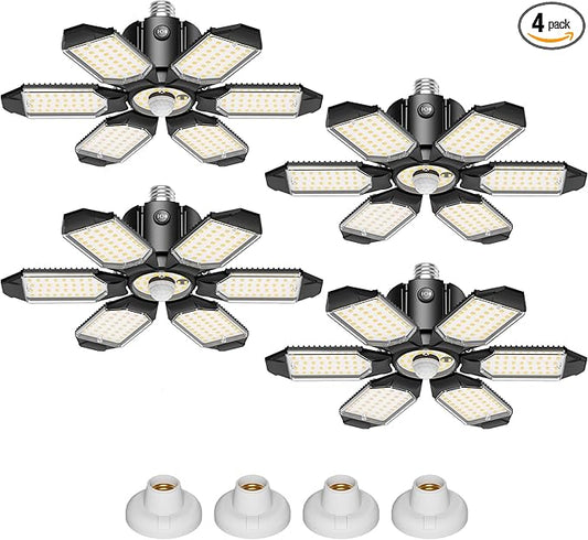 Garage Lights with Motion Sensor, 20000LM Motion Sensor Light Bulb Indoor with 6 Deformable and Auto-Off, E26 Screw-in 6500K Motion Activated Shop Light for Ceiling/Basement 4-Pack