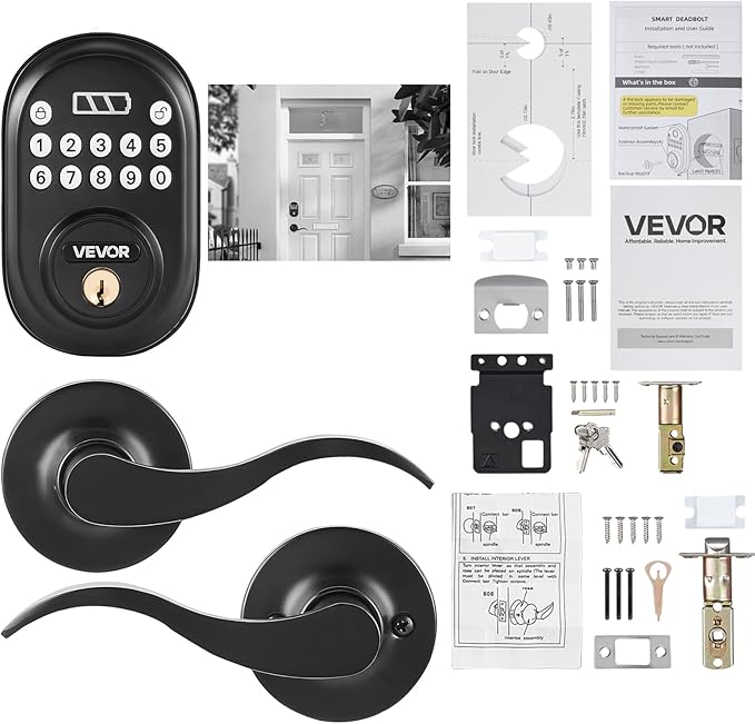 VEVOR Keyless Entry Door Lock with Handle, Electronic Keypad Entry Lever, Password and Key Unlock Combination, Auto-Locking Keypad with Deadbolt, One-time Password, for Front Door, Matte Black