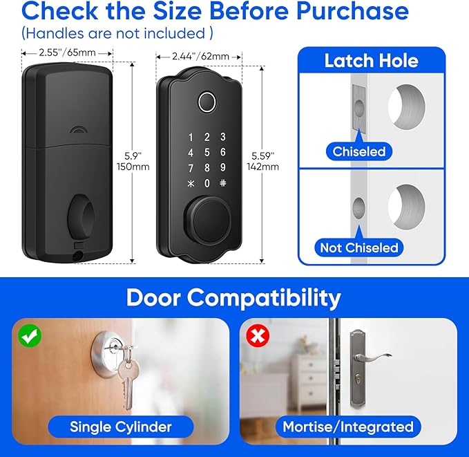 Fingerprint Smart Door Lock, Keyless Entry Deadbolt, Electronic Biometric Deadbolt with Phone/Watch App Control, Auto Lock with Touchscreen Keypad for Bedroom, Front Door, 7 Ways to Unlock