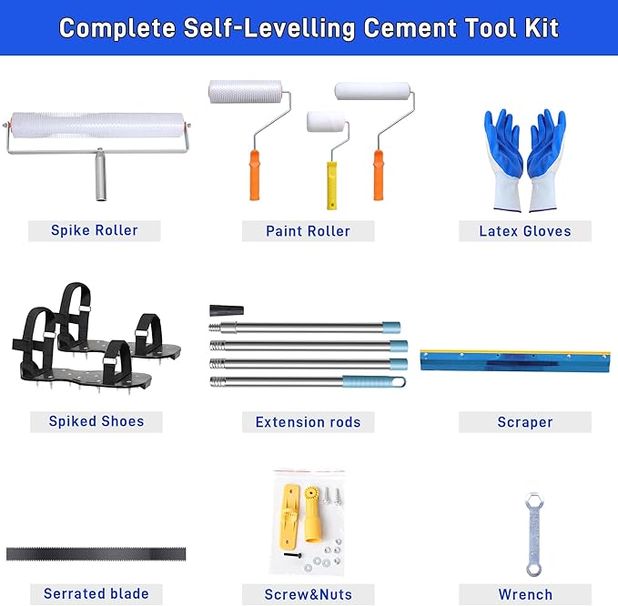 Self Leveling Cement Tool Kit- Epoxy Floor Tool Includes Spiked Roller for Self Leveling, Adjustable Poles Up to 63", Flooring Construction Painter Roller, Epoxy Spike Shoes and Self-Leveling Rake
