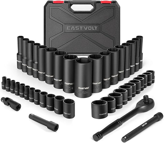 Eastvolt 46 Pieces Drive Socket Ratchet Wrench Set, Mechanic Tool Kits with 72 Teeth Reversible Ratchet, Extension Bar Set and Storage Case, Metric/SAE