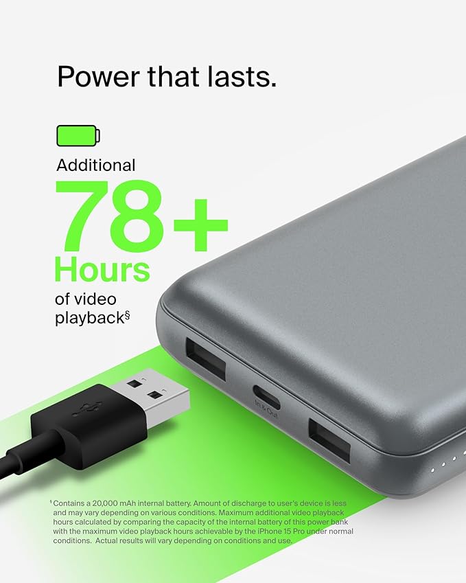 Belkin Portable Charger, USB C Power Bank 20000 mAh w/ 2 USB-A Ports, 15W w/A to C Cable for iPhone 17, Air, Pro, Pro Max, Samsung Galaxy S25, iPad, Nintendo Switch 2, Google Pixel 10, etc. - Gray