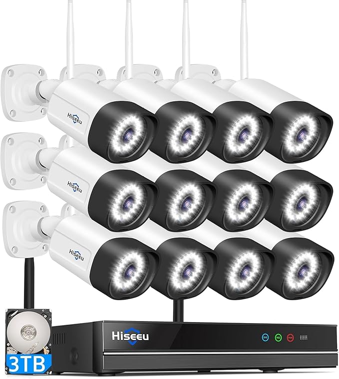 Hiseeu 3MP Wireless Security Camera System with 12 Outdoor Cameras, 16CH WiFi NVR, Color Night Vision, Spotlight & Siren, 2-Way Audio, 3TB Hard Drive, 24/7 Recording, Home Surveillance Kit