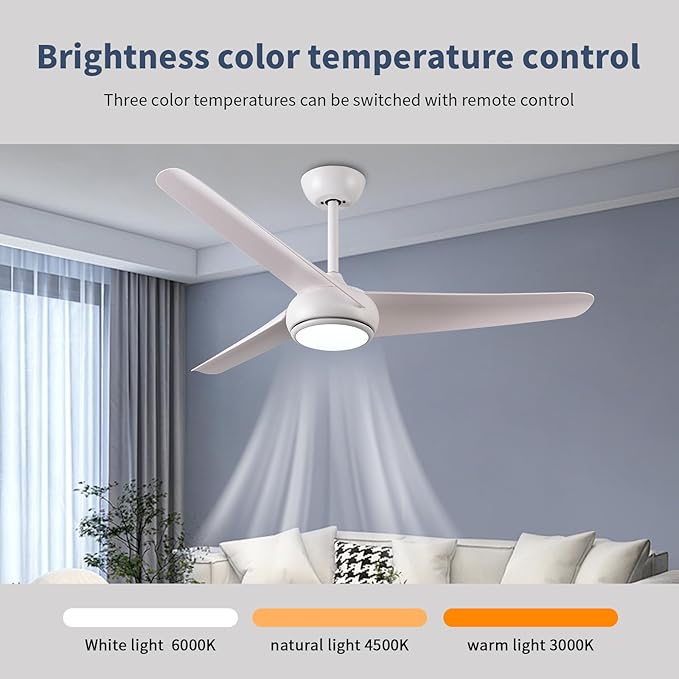 KINDLOV 52 inch Ceiling Fans with Lights and Remote,Outdoor Ceiling Fan with Light,6 Speeds,3CCT,Reversible White Ceiling Fan for Bedroom Patio Living Room,Indoor/Outdoor Use