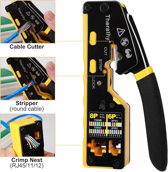 RJ45 Crimp Tool Pass Through Ethernet Crimper for Cat5e Cat6 Modular Plugs, All-in-One Cat6 Crimping Tool