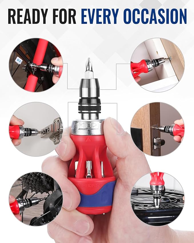 WORKPRO 12-in-1 Stubby Ratcheting Multi-bit Screwdriver, Short Screw Drivers with Magnetic, Quick-load Mechanism, Premium S2 Steel, Small Screwdriver with Double End Bits in Handle