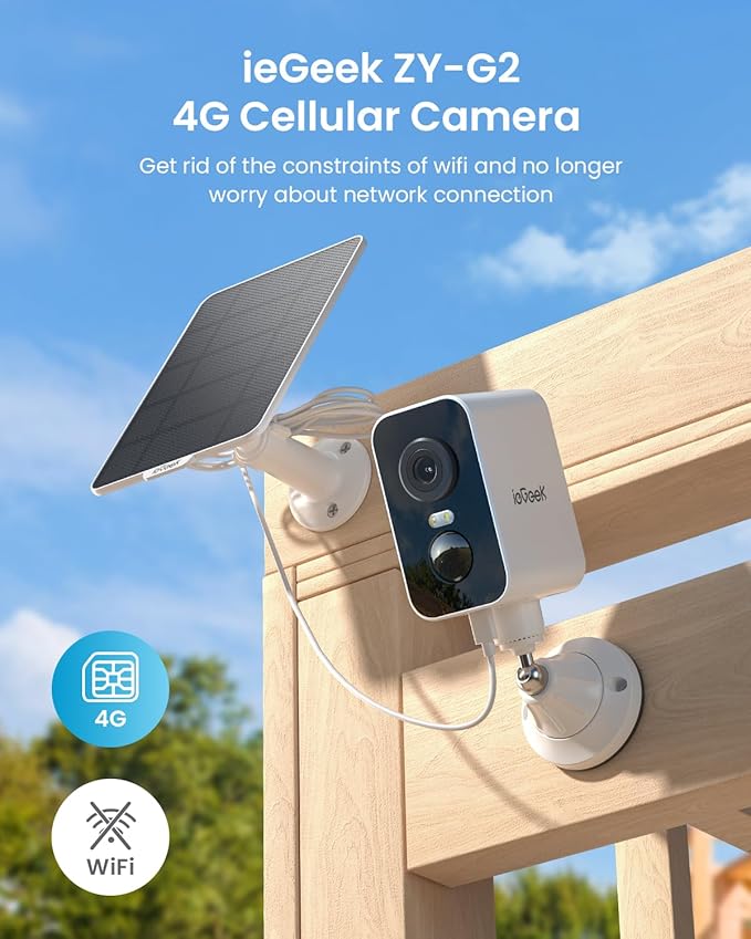 ieGeek 4G LTE Cellular Security Camera Wireless Outdoor, No WiFi Solar Powered Camera, Off Grid Security Camera with SIM Card, 2K Color Night Vision, PIR Motion Sensor, Magnetic Install, 2-Way Audio