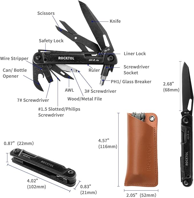 Multitool Gen-R Lite, Retro Black EDC Pocket Knife VG10 Blade, Compact 15-in-1 Multi-tool with Screwdriver, Large Scissors, Glass Breaker, Leather Sheath, Lightweight for Hiking, Camping