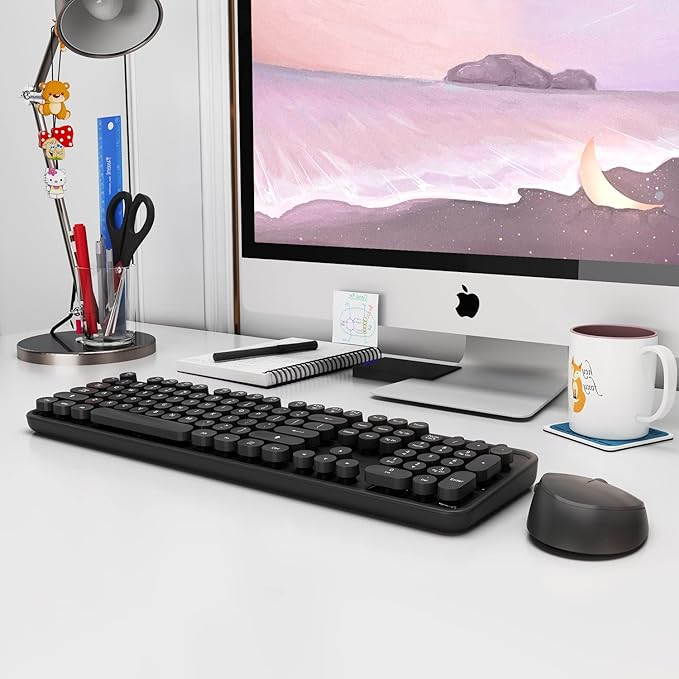 Wireless Keyboard and Mouse, KOOTOP Cute Black Keyboard and Mouse, 2.4G Wireless Keyboard with Retro Round Keycap for PC, Mac, Laptop,Tablet,Computer Windows (Black)