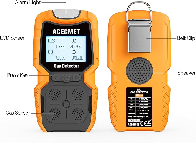 ACEGMET Gas Detector, 4 Gas Monitor Multiple Indicator (Vibration, Audible, Visual) H2S, O2, CO and LEL 4 Gas Monitor Personal Rechargeable 4 Gas Meter 2 Years of Sensor Life Gas Sniffer