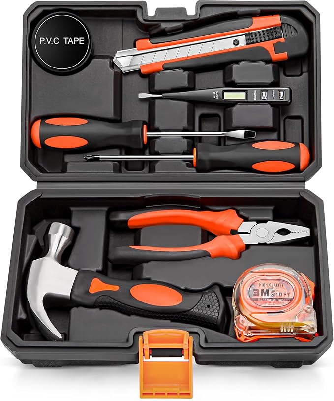 9pcs General Household Tool Set, Home Tool Kit with Plastic Toolbox for DIY, Maintenance, Perfect for Students & Homeowners (Red)