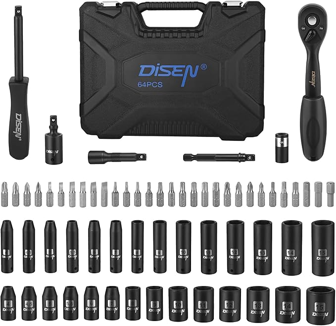 DISEN 1/4" Drive Socket Wrench Set 64PCS, 1/4-Inch Impact Metric Socket Set(4-15mm) Deep and Shallow 6 Point, CR-V, with 72T Ratchet Wrench Handle for Household&Automotive Repairing with Storage Case
