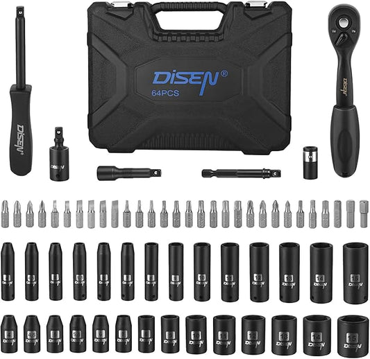 DISEN 1/4" Drive Socket Wrench Set 64PCS, 1/4-Inch Impact Metric Socket Set(4-15mm) Deep and Shallow 6 Point, CR-V, with 72T Ratchet Wrench Handle for Household&Automotive Repairing with Storage Case