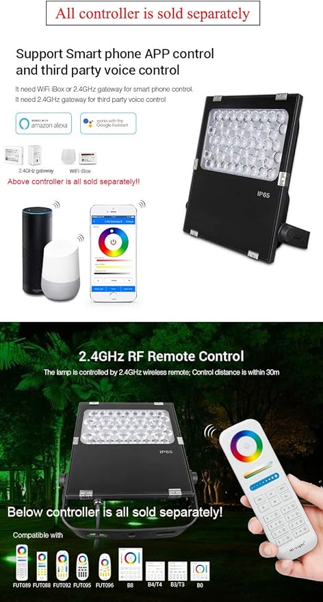 LGIDTECH FUTC06 Miboxer 50W RGBCCT Outdoor LED Landscape Garden Spotlight AC100-240V 16 Million Colors Changing,Color Temperature Adjustable,Memory Function.APP Can't Control Directly