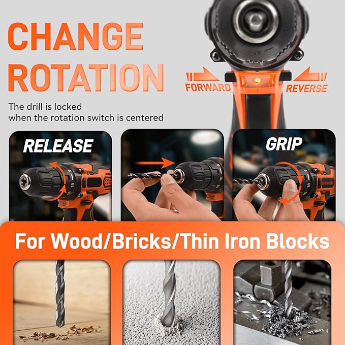 YOUGFIN Tool Kit with Drill 12V, Home Tool Set with Cordless Drill for Men, Power Drill Tool Box with 195 Pieces Household Hand Tools for Office (with 2.0Ah Battery & Charger)