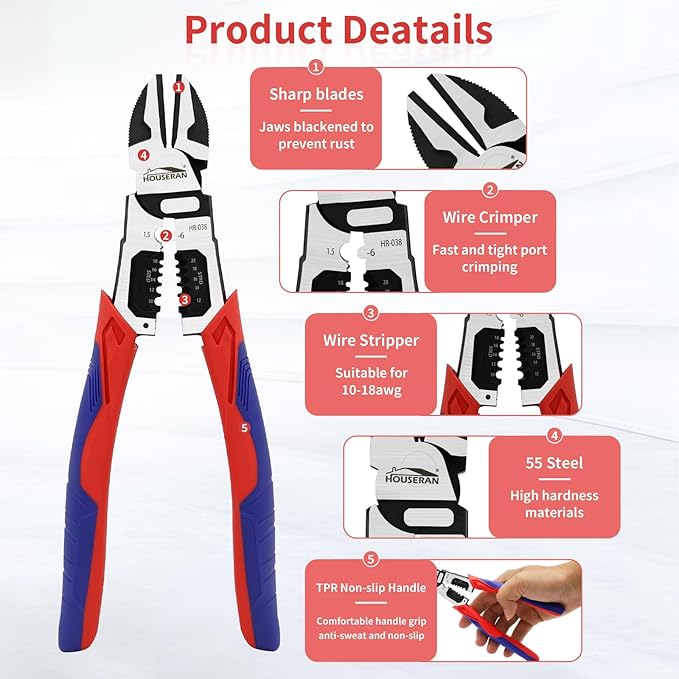Wire Cutters, Side Cutters with Wire Stripper and Crimper, 8.6 Inch Wire Cutters Heavy Duty, 3-in-1 Diagonal Cutters for Cutting, Crimping, and Stripping