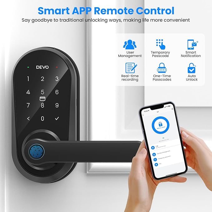 Devo G7 Smart Door Lock with Handle,6-in-1 Fingerprint Keyless Entry,APP Control,Fingerprint ID,Auto Locks,Built-in Wi-Fi Smart Deadbolt for Front Door,Easy Install,Waterproof,BHMA Grade 3