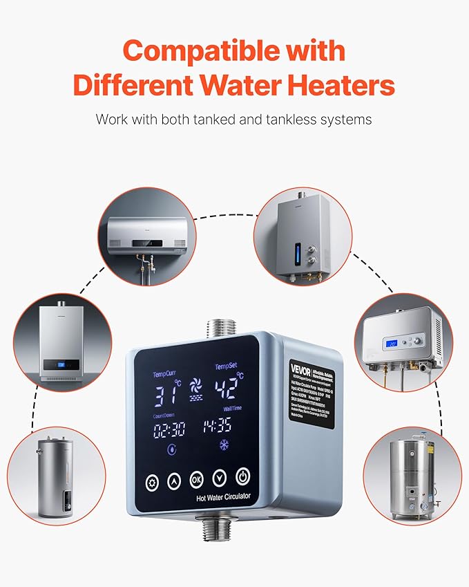 VEVOR Digital Smart Instant Hot Water Recirculating Pump Kit, with Built-in Thermostat, Timer, Digital Screen, Under Sink Recirculation Circulation Circulator Pump System, for House Water Heaters