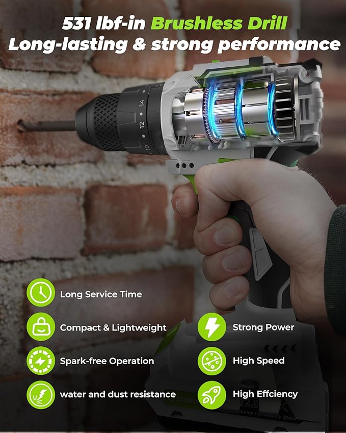 Cordless Drill, ETOOLAB Power Brushless Drill Set 45 Pieces, 531lbf.in Professional 3-in-1 20V Impact Drill Driver with 2.0Ah Battery