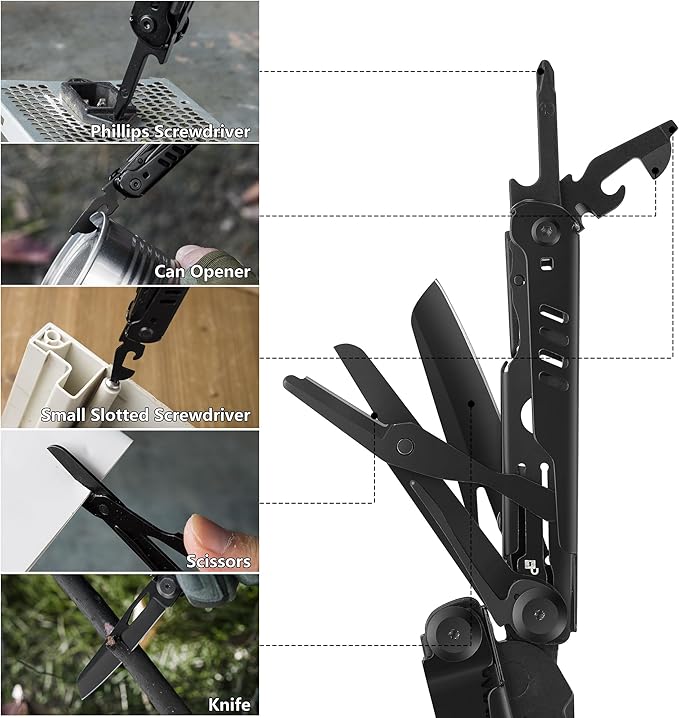 FLISSA 15-in-1 Multi-tool Pliers with Sheath, Portable Pocket Knife with Safety Locking System, Belt Clip and Sheath for Outdoors, Survival, Camping, Fishing, Hunting