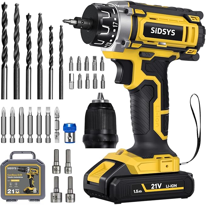 SIDSYS 21V Max Cordless Electric Drill Set, 3/8" Keyless Chuck Power Drill 17+1 Torque, 2 Variable Speed, Built-In LED, Versatile Hand Drills for Wood Drilling/Screw Removal