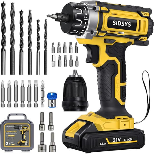 SIDSYS 21V Max Cordless Electric Drill Set, 3/8" Keyless Chuck Power Drill 17+1 Torque, 2 Variable Speed, Built-In LED, Versatile Hand Drills for Wood Drilling/Screw Removal