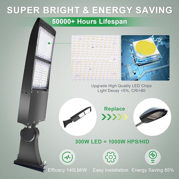 480V 300W LED Parking Lot Light, 5000K 42000LM LED Shoebox Area Light (1000W HID/HPS Equiv.) with Direct Arm Mount, Dimmable Commercial Street Lighting with 20KV Surge Protection, UL DLC Listed
