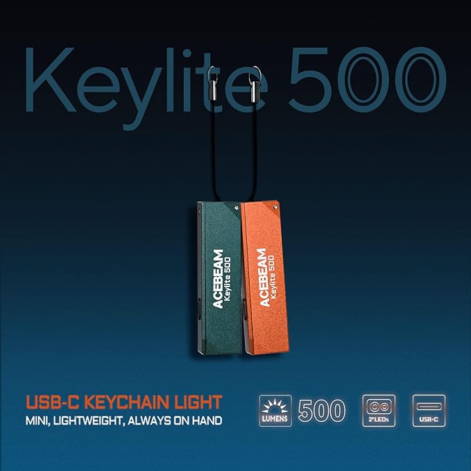 ACEBEAM Keylite 500 High Lumens Keychain Flashlight Rechargeable, Ultra-Compact Flat Pocket EDC Flashlight with Dual LEDs, 6 Modes, Type-C Charging, Small MINI Flash Light for Emergency, Home, Outdoor