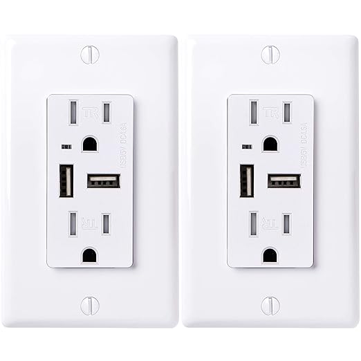Faith [2-Pack] 4.6A USB Outlet High Speed Charger, 15A Tamper-Resistant Receptacle with Wall Plate, 2 Outlets & 2 USB Ports, Compatible w/iPhone, iPad, Android, Samsung Devices & More, 2-Pack, White