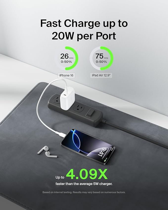 Belkin Dual Port USB C Charger Block 40W, USB-C Charger Fast Charging for iPhone 16, 15, 14, 13, Pro, Pro Max, Plus, Samsung Galaxy S25, Pixel , iPad, AirPods, Nintendo Switch 2 & More - White