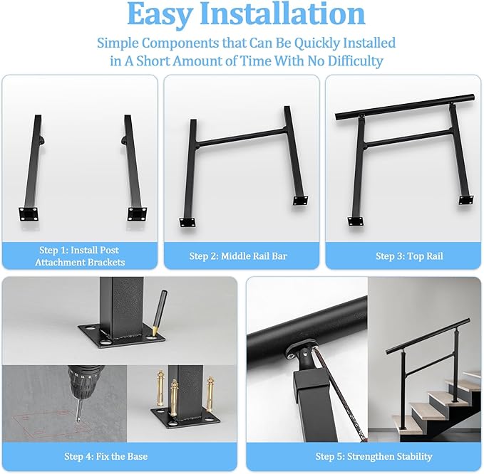 Modern Adjustable Handrails for Stairs and Outdoor Balcony - Ensure Safety and Style, Durable Construction, Weather-Resistant, Ideal for Stair Railing Porch 3 Step