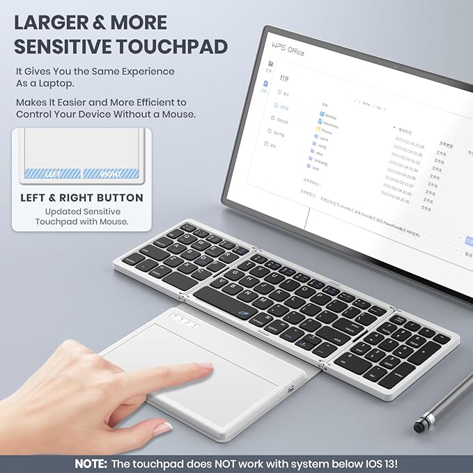 Foldable Bluetooth Keyboard, Portable Full Size Folding Keyboard with Large Touchpad, Numeric Keypad, PU Leather, Wireless TravelKeyboard for Windows iOS Android Mac(Black-White)