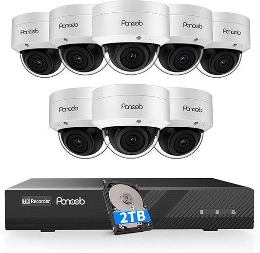 Security Camera System PoE, 8X 5MP Wired IP IK10 Vandal-Proof Dome Camera, AI Human Detection, Remote Access, 100ft IR Night Vision Built-in Mic, 4K 8 Channel PoE NVR 2TB HDD, PD54A0808-5M2