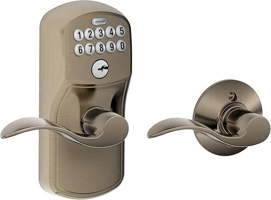 SCHLAGE FE575 PLY 620 Acc Plymouth Keypad Entry with Auto-Lock and Accent Levers, Antique Pewter