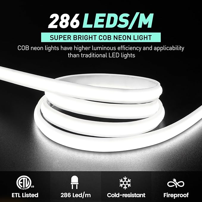 GZBtech Silicone COB Neon Rope Lights 66FT/20M, 6000K Super Bright Cold White Waterproof Neon Strip Light, AC 110-120V Flexible Soft Cuttable Tape Rope Lighting for Indoor Outdoor Home Commercial