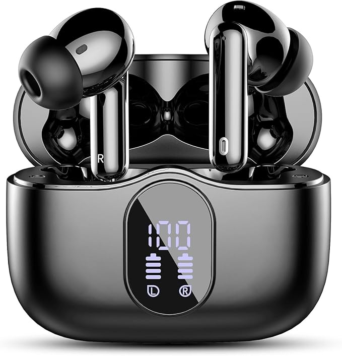 Wireless Earbuds, Bluetooth 5.4 Headphones Bass Stereo, Ear Buds with Noise Cancelling Mic LED Display, IP7 Waterproof in Ear Earphones, 36H Playtime for Laptop Pad Phones Sports Workout, Black