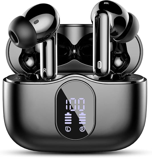 Wireless Earbuds, Bluetooth 5.4 Headphones Bass Stereo, Ear Buds with Noise Cancelling Mic LED Display, IP7 Waterproof in Ear Earphones, 36H Playtime for Laptop Pad Phones Sports Workout, Black