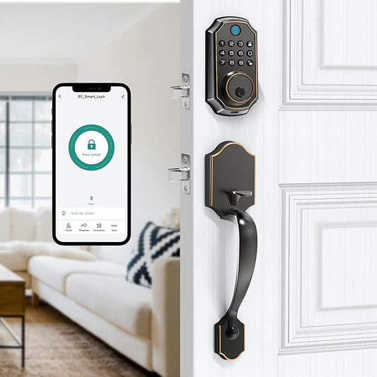 LOCK&SOLVER Keypad Door Lock with Handle, Smart Locks for Front Door, Keyless Entry Doorlock, Deadbolt Lock with Handle Set, App Remote Control, Easy Install with Video Guide, Rust-Resistant Zinc