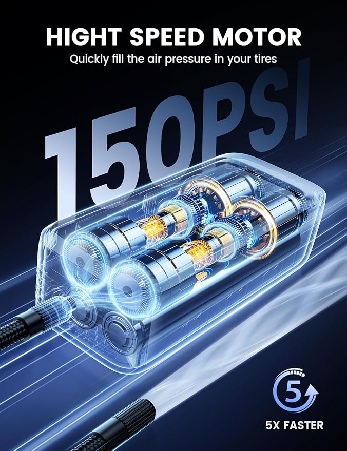 Tire Inflator Portable Air Compressor - Lamicall [5X Faster] [150 PSI] [Rechargeable] Car Air Pump, Digital Display Pressure Gauge, LED Light, Cordless Pump for Car, Bike, Motorcycle, Ball