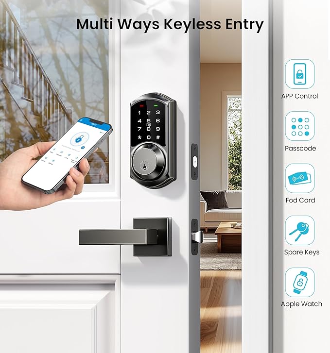 Veise VE06-L Smart Locks with 2 Lever Handle Set, App Control, Keyless Entry Deadbolt for Front Door, Electronic Digital Touchscreen Keypad, Auto Lock, Waterproof, Easy Installation, Matte Black
